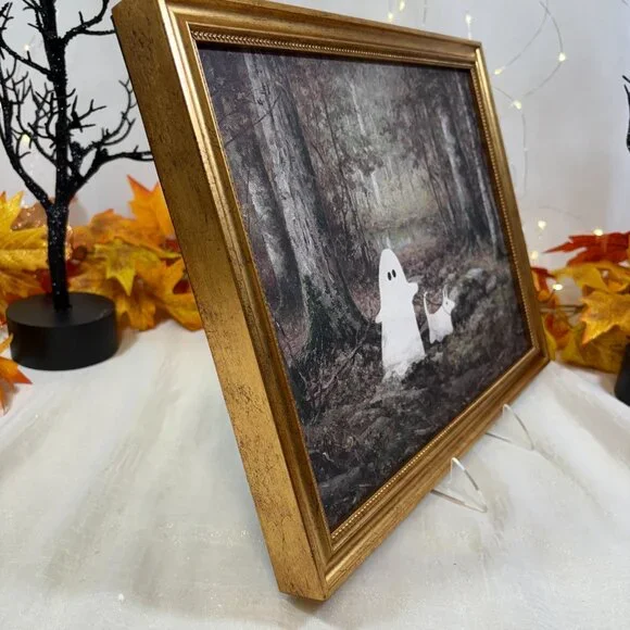 Halloween Ghost Walk Ghost Dog In the Woods Wall Art Gold Frame Viral TikTok - Picture 7 of 7